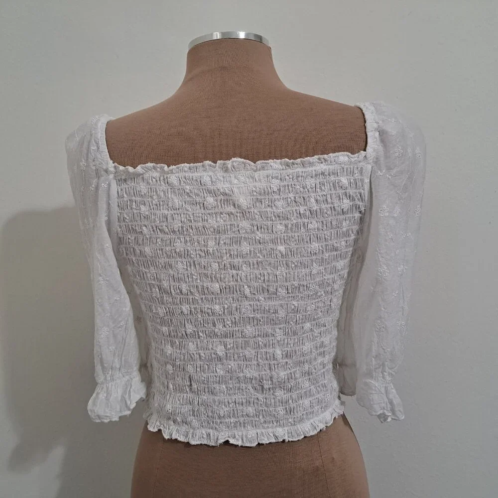 Who's That Girl? Camisole White Crop Top Cotton Eyelet 3/4 Sleeve Size L